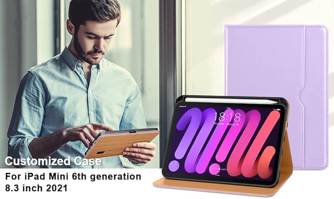 DTTO for iPad mini 7th (A17 Pro) 2024/iPad Mini 6th Generation Case 2021 8.3 Inch, Premium Leather Business Folio Stand Cover for Mini 7/6 with Pencil Holder-Multiple Viewing Angles, Lavender