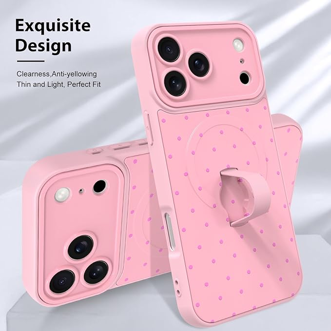 KANGHAR Compatible with iPhone 17 Pro Case, Support for MagSafe, Silicone Spot Cute Pattern, Wristband Kickstand Camera Protection Shockproof Soft Slim Cover for Girls Women, Pink