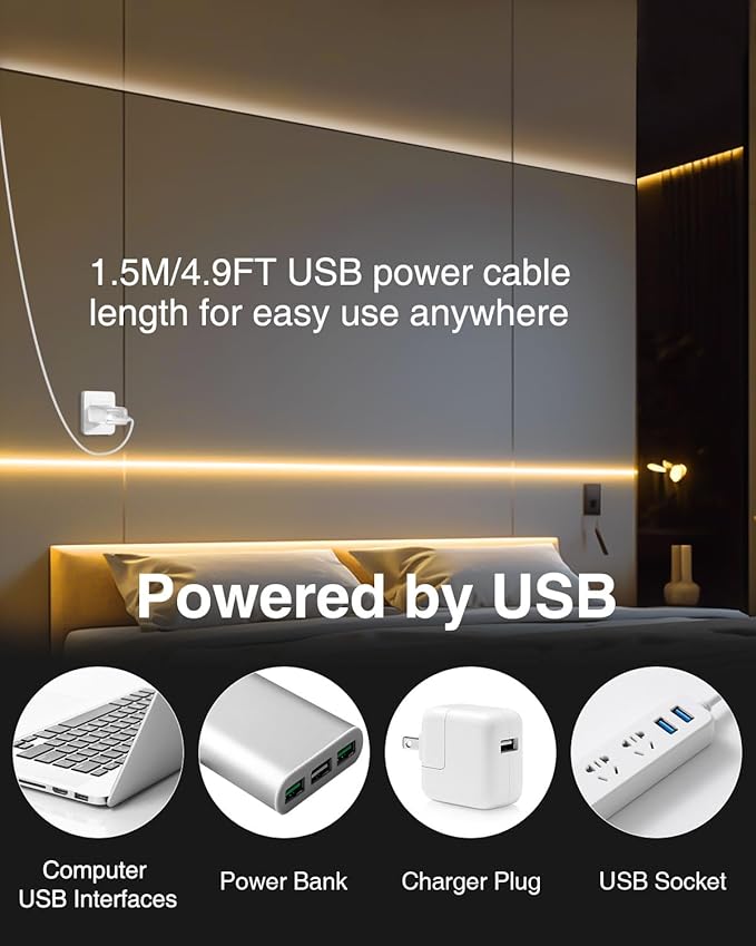 Aclorol COB LED Strip Light 5V USB Dimmable LED Strip Light 3000K Warm White 3.28FT Rope Lights Flexible and Cuttable for Bedroom Wardrobe Kitchen Cupboard Staircase Home DIY Lighting 320LEDs (2 PACK)