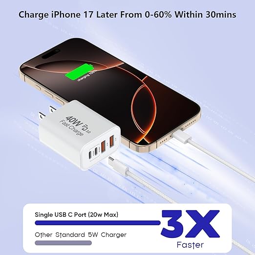 10Foot USB C-C Woven Fast Charging Cable,Apple 40W 4 Port USB C Wall Charger Block with 10FT Type C Charging Cable Cord PD&AC 40W Adapter for iPhone 17Air/17 Pro/16/16e/16 Pro Max/15/iPad Pro/Air/Mini
