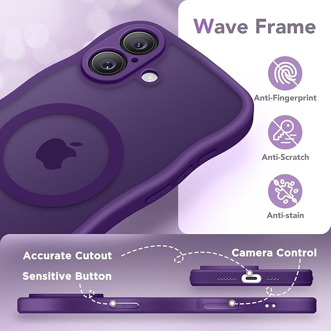 CAPRARO for iPhone 16 Case for Women Girls, Upgraded [Full Camera Protection] [Compatible with MagSafe] Cute Wave Translucent Matte Phone Case for iPhone 16, Deep Purple