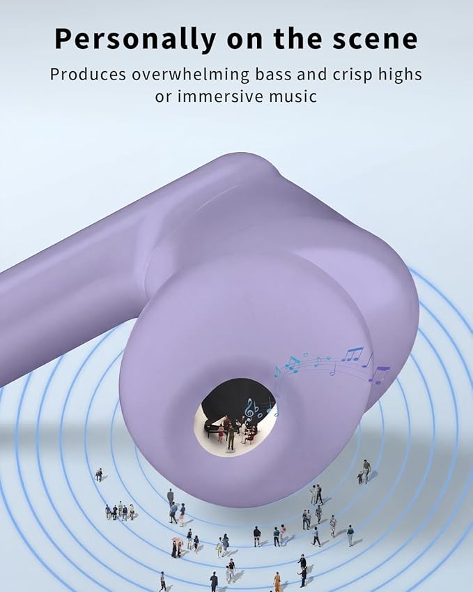 Wireless Earbuds, Bluetooth 5.4 Headphones with 50H Playback, Deep Bass Stereo Ear Buds Clear Calls with LED Power Display, IPX7 Waterproof, in-Ear Earphones with Mic for Phone/Android/iPad, Purple