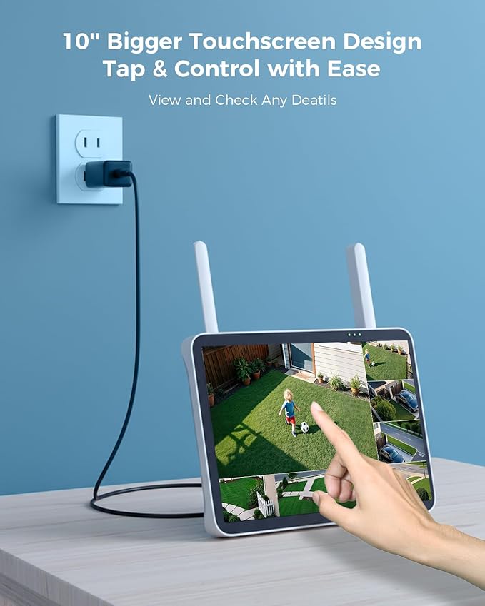 Hiseeu Solar Security Cameras Wireless Outdoor, Auto Tracking Dual-Lens Wireless Cameras for Home Security with 10" Touchscreen, 2.4 & 5GHz WiFi Pro 4 Cam-Kit, 2 Way Audio, 500GB HDD, 0 Monthly Fee