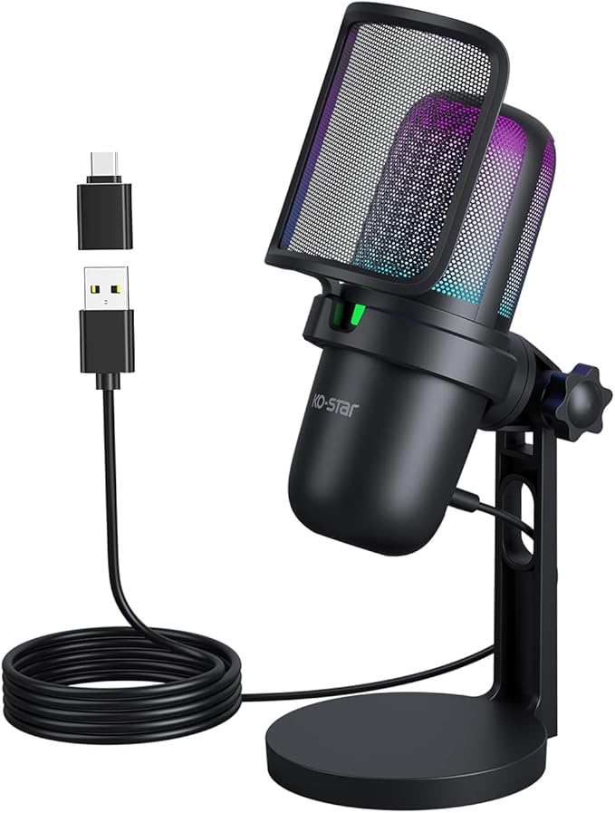 USB Streaming Gaming Microphone, PC Condenser Desktop Mic for Video, Home use, YouTube, with RGB Control, Gain Knob, 3.5mm Headphone Jack, Shock Mount, on Computer/PS5 - (Black)