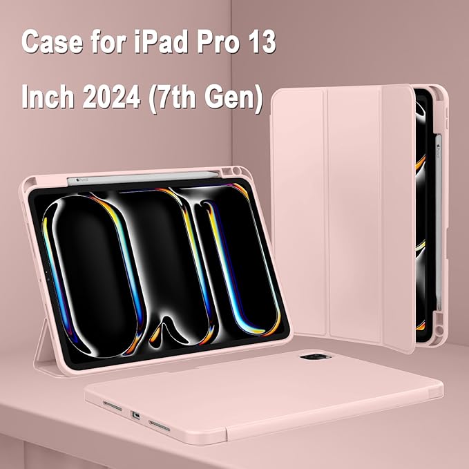 ZryXal New iPad Pro 13 Inch Case (M5) 2025 / (M4) 2024 with Pencil Holder, Smart iPad Case [Support Pencil Pro and Pencil (USB-C)], Support Touch ID and Auto Wake/Sleep (Rose Pink)