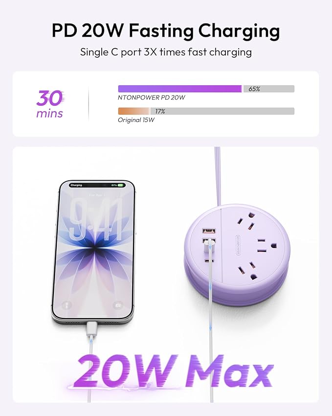 NTONPOWER Purple Travel Power Strip 20W, Travel Essentials, Cruise Essentials 2026 3 Outlets 4 USB Ports(2 USB C), 4FT Wrapped Around Extension Cord for Travel Cruise Ship Beach Vacation Essentials