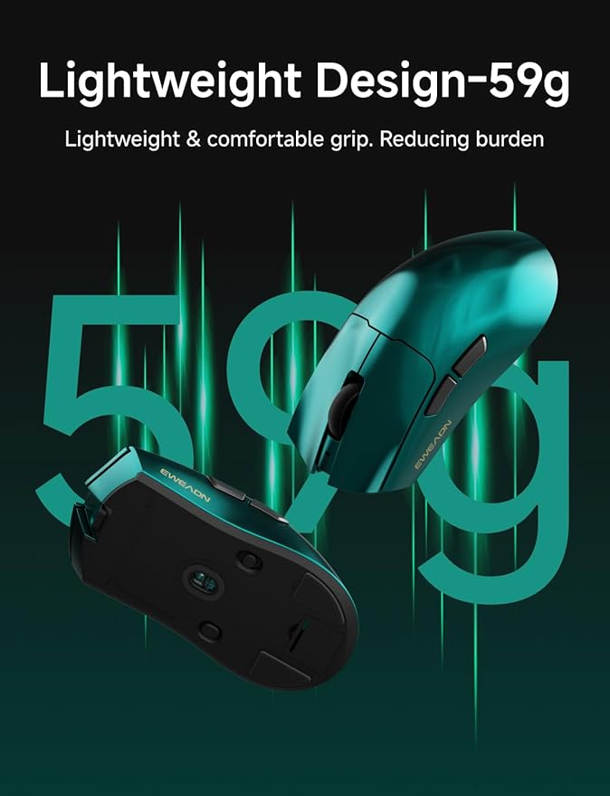 EWEADN S9 Max Wireless Gaming Mouse, 59G Ergonomic Computer Mouse, Triple Modes, 8K Polling, 26K DPI, PAW3395 Optical Sensor, Kailh Switch, 250h Battery Life, Programmable for PC/Win/Mac(Green)
