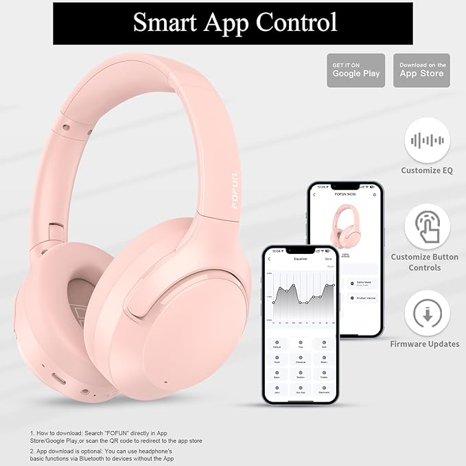 Active Noise Cancelling Headphones, 65H Bluetooth Headphones Custom EQ via App Headphones Wireless with Mic, Bluetooth 6.0 Detachable Cat Ears Foldable Headsets for Commuting Travel Work Home (Pink)