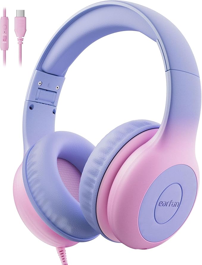 EarFun Kids Headphones Wired with Microphone, USB Type C Headphones for Kids, 85/94dB Volume Limit, Portable Wired Headphone with Shareport, Stereo Sound Foldable Headset for School/Tablet/PC/Kindle
