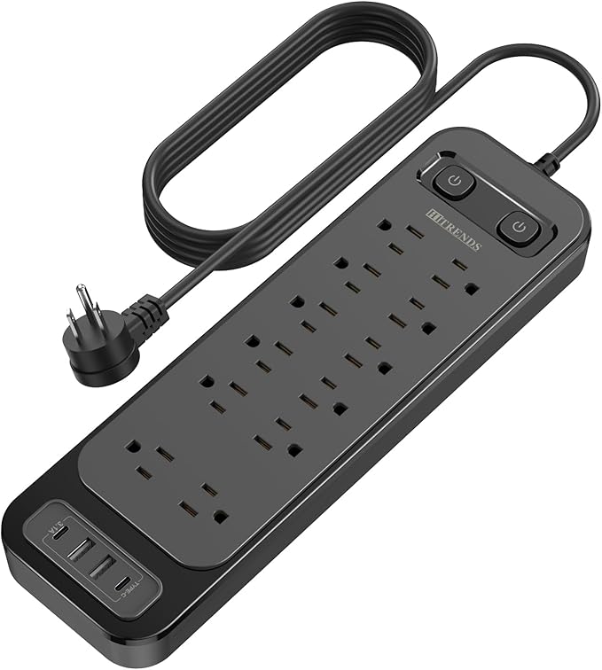 HITRENDS 12-Outlet Surge Protector Power Strip with 2 USB A + 2 USB C, 6FT Flat Plug Extension Cord, Dual Switches, Wide Spacing, 1250W/10A Multi Plug Outlet for Home Office Dormitory, Black