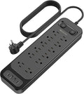 HITRENDS 12-Outlet Surge Protector Power Strip with 2 USB A + 2 USB C, 6FT Flat Plug Extension Cord, Dual Switches, Wide Spacing, 1250W/10A Multi Plug Outlet for Home Office Dormitory, Black
