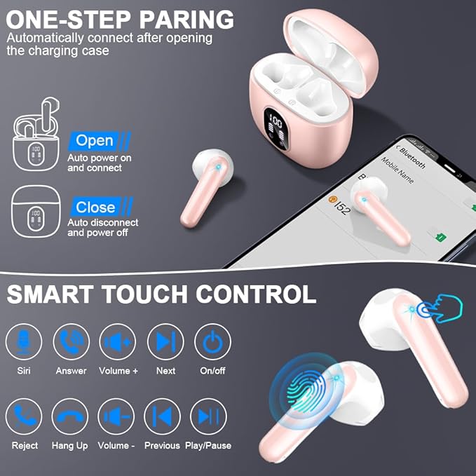 Wireless Earbuds, Bluetooth 5.4 Headphones 50H Playback Bass Stereo Ear Buds with 4 ENC Cancelling Mics, Bluetooth Earbuds Dual LED Display IP7 Waterproof in-Ear Earphones USB-C for Android iOS Pink