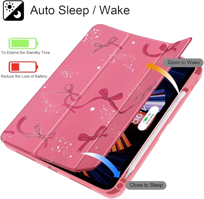 Tuiklol for iPad Pro 11 Inch 4th / 3rd / 2nd / 1st Gen (2022 2021 2020 2018) Case -Built-in Pencil Holder Shockproof Cover Clear Transparent Back Shell with Auto Wake/Sleep, Bow-Watermelon Red