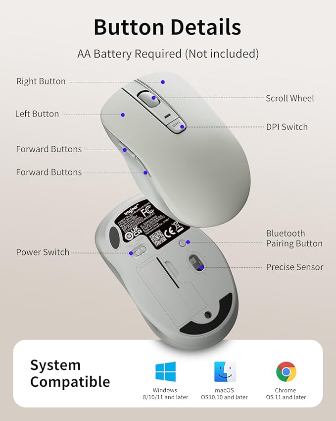 WL300 Bluetooth Mouse Silent Wireless Mice, Quiet Click, Cordless Computer Mouse with 6 Buttons, Sculpted Grip, Adjustable DPI for Laptop, PC, Mac, 18-Month Battery Life for Work Travel（Silver-Gray)