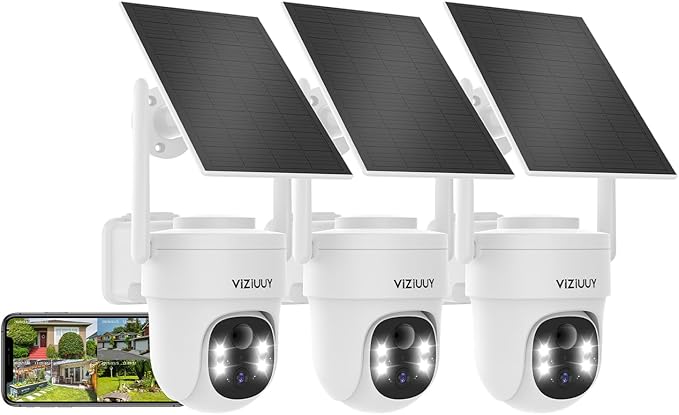 VIZIUUY Solar Security Cameras Wireless Outdoor, 3MP Pan/Tilt 360°View Solar/Battery Powered WiFi Camera with Color Night Vision/PIR Sensor/2-Way Audio/Alexa(3 Pack)