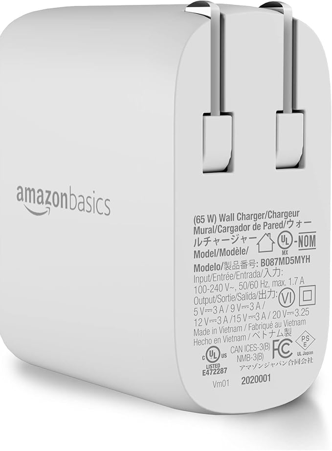 Amazon Basics 65W One-Port GaN USB-C Wall Charger with Power Delivery PD, Foldable Plug, Portable, Fast Charging for Laptops, Tablets & Phones, White