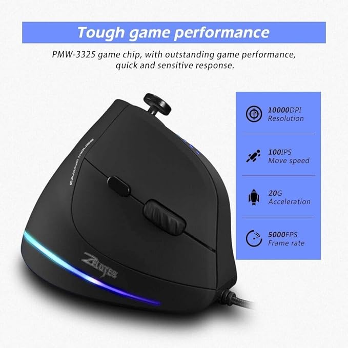 zelotes Wired Gaming Mouse with Joystick,10000DPI,11 Programmable Buttons,RGB,USB Optical Corded Vertical Ergonomic Mouse,Mice for Laptop,PC,Mac,Black