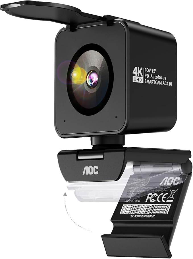 AOC 4K Webcam for PC with 1/2.55'' Sensor, 1080P 60FPS Streaming Camera with PDAF Autofocus, Privacy Cover, Plug & Play computer camera 75° FOV for Zoom/Mac/Switch 2, Includes Tripod & USB A-C Adapter