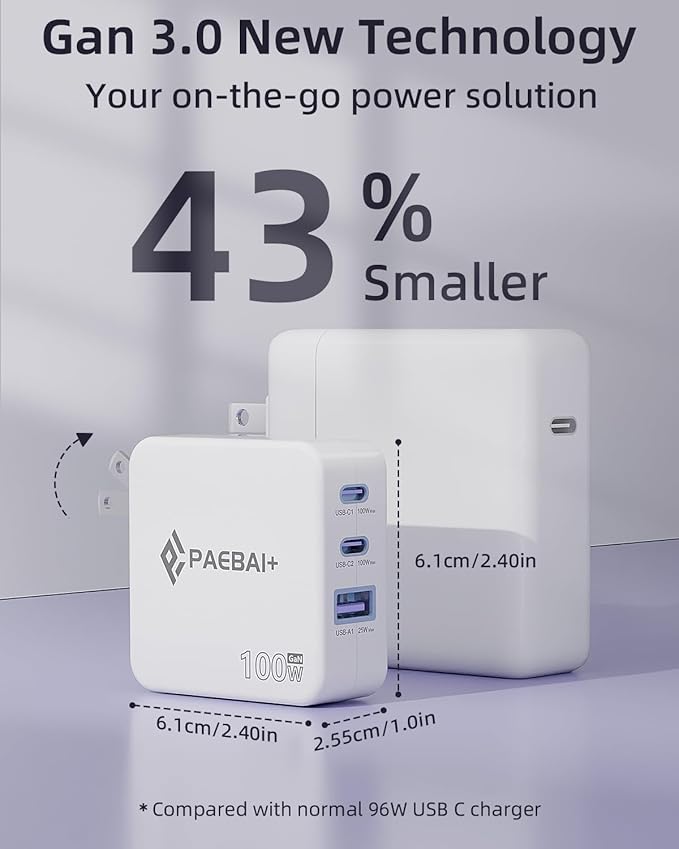 100W USB C Charger Block, 3 Port GaN Foldable Compact Wall Fast Charger for MacBook Pro MacBook Air, Dell XPS, iPhone 16 15 Series, Samsung Galaxy, iPad Pro and All USB-C Devices