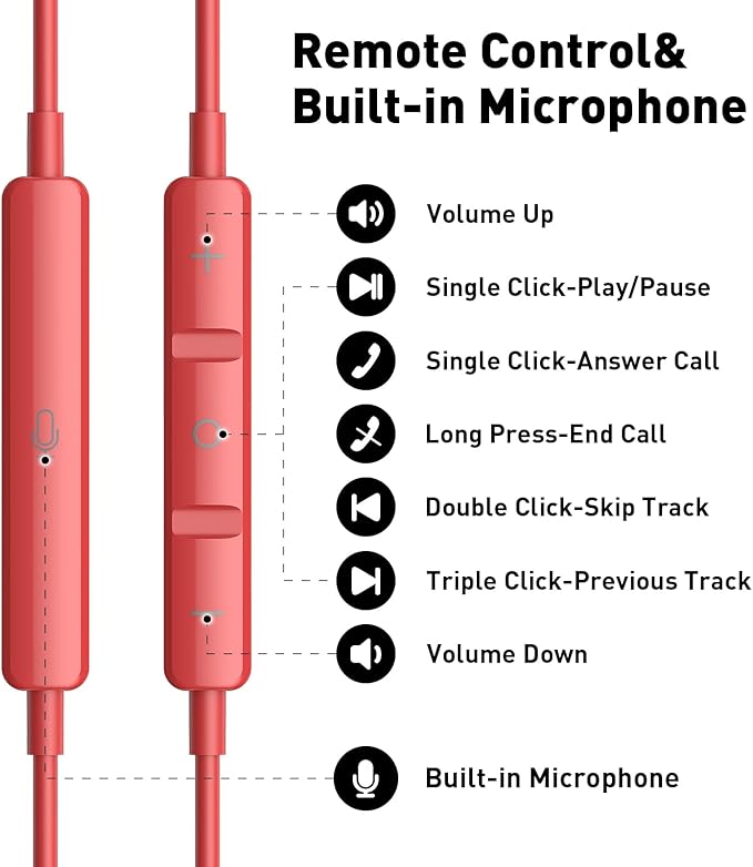 USB C Headphones Wired Type C Earphones for Samsung/Galaxy S26 S25 S24 Plus S23 S22 S21 S20 Ultra Magnetic Corded Earbuds for iPhone 15 Pro Max 16 16e 17 17e Air for Apple/Android Ear Buds Red
