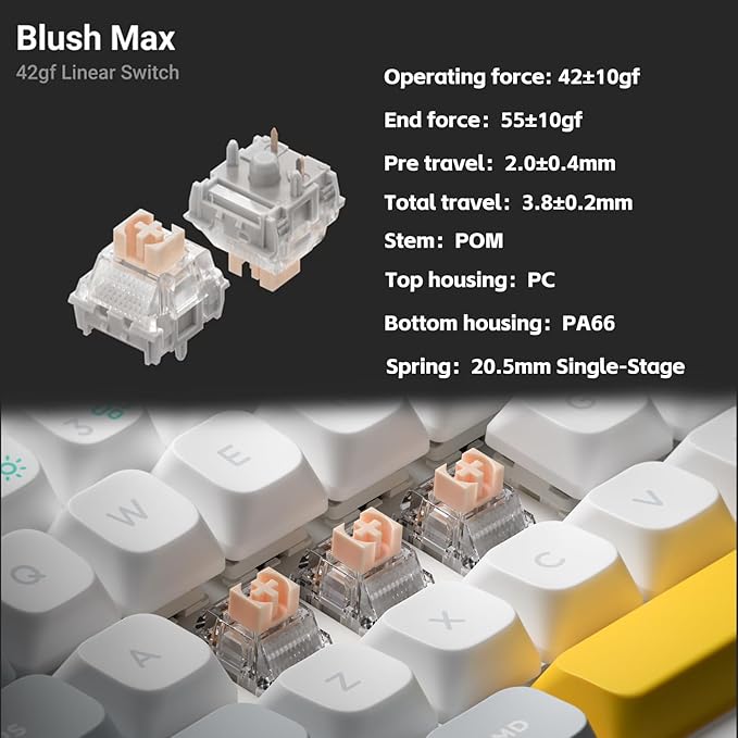 nuphy Halo65 V2 Wireless Mechanical Keyboard with PBT Keycaps, 65% Hot Swappable Custom Gaming Keyboard Compatible with QMK/VIA, RGB Backlit, Gasket Structure, BT5.0/USB-C/2.4GHz,White-Blush Switches