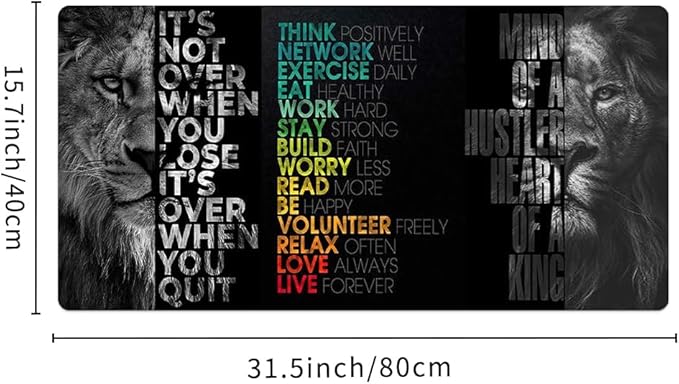 Black Gray Lion Keyboard Mat Positive Saying Mousepad Office Long Mouse Pad It is not Over When You Lose Desk Pad Mouse Mat for Desktop Gamer Guy Boys Mens Office Accessories 31.5"x15.7"
