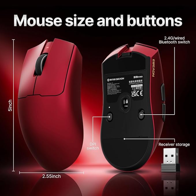 EWEADN S9 Pro Wireless Gaming Mouse, 59g Ergonomic Computer Mouse, 2.4Ghz/Bluetooth/USB-C, 8K Polling Rate, 26000 DPI, PAW3395 Optical Sensor, 250Hrs Battery Life, Programmable for PC/Win/Mac