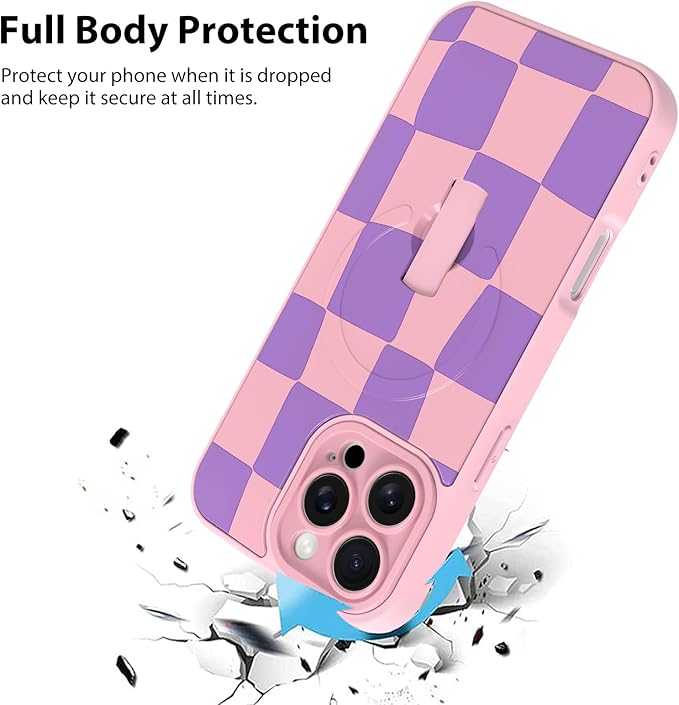 KANGHAR Compatible with iPhone 16 Pro Max Case, Support for MagSafe, Silicone Checkered Cute Pattern, Wristband Kickstand Camera Protection Soft Slim Cover for Girls Women -Pink