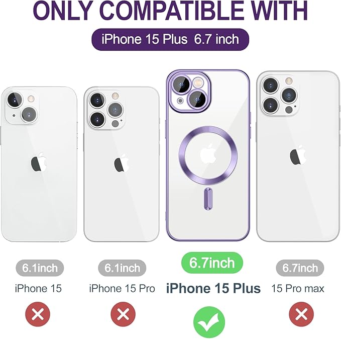 Hython Magnetic Clear for iPhone 15 Plus Case with Camera Lens Protector [Compatible with MagSafe] Luxury Plating Edge Slim Soft TPU Cover Protective Phone Case for iPhone 15 Plus 6.7", Light Purple
