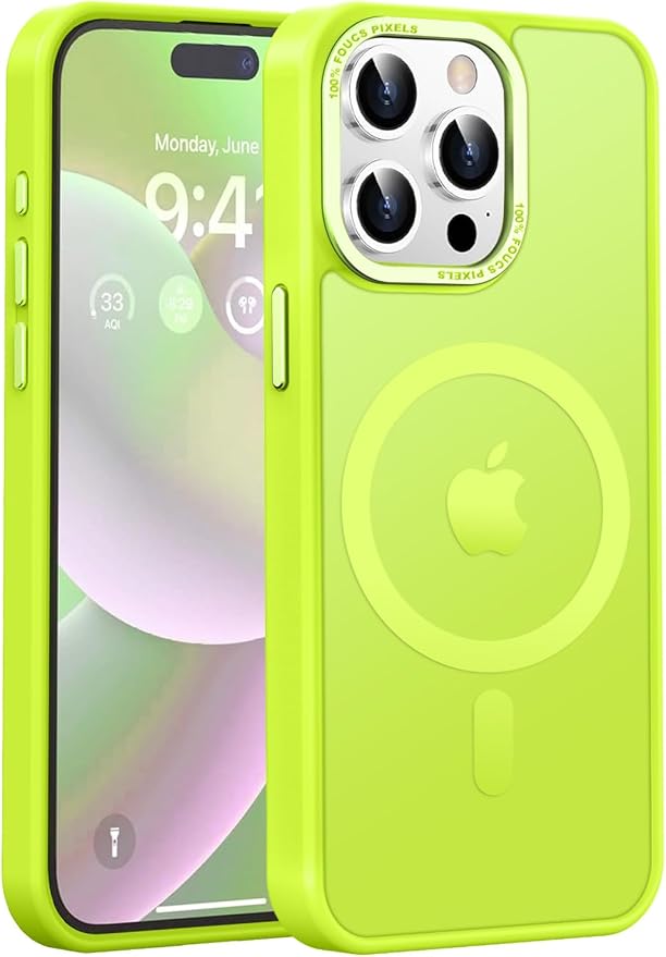 Newfuture Upgraded Magnetic for iPhone 15 Pro Max Case [Compatible with Magsafe] [Mil-Grade Protection], Pocket-Friendly, Translucent Phone Case Cover for iPhone 15 Pro Max 6.7", Fluorescent Green