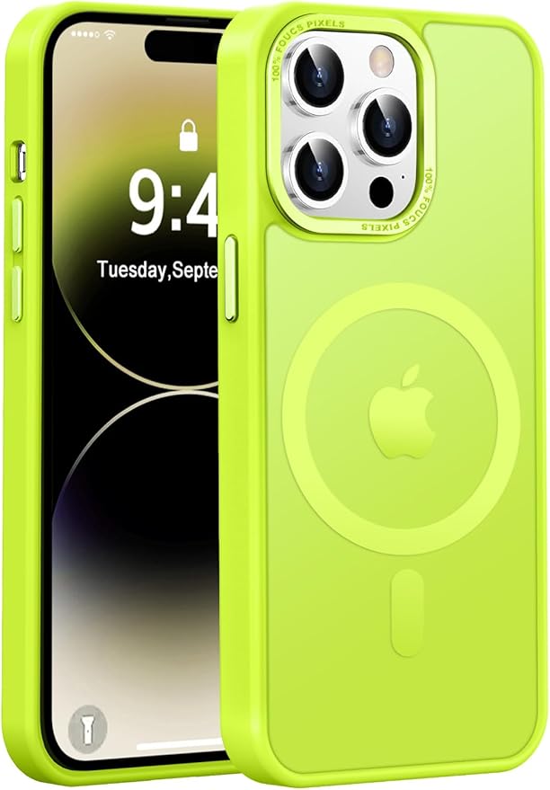 Newfuture Designed for iPhone 14 Pro Case with Magnetic [13 FT Military Drop Protection] [Compatible with Magsafe] Slim Translucent Matte Shockproof with Anti-Fingerprint Phone Case, Fluorescent Green