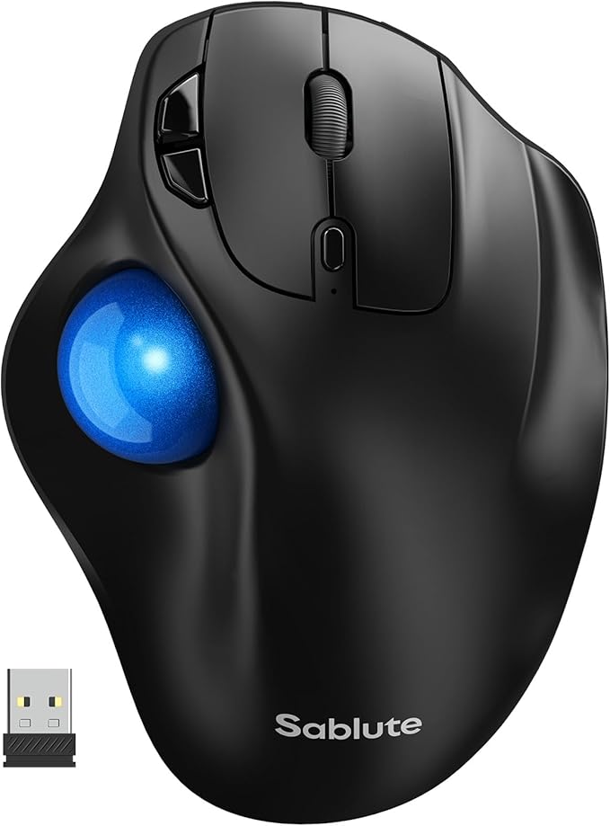 SABLUTE MAM2 Wireless Trackball Mouse with 5-Level DPI, Ergonomic Mouse Wireless 2.4G Plug-and-Play for 3 Devices (Bluetooth or USB Receiver), 500mAh Battery, Compatible with PC/Laptop/Mac-Blue Ball
