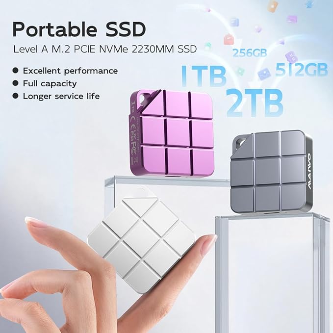 MAIWO 2TB Portable External Solid State Drive Build-in M.2 2230 PCIe NVMe SSD, USB C 3.2 Up to 1050MB/s, Mini Cute PSSD for iPhone 15 16 17 Pro Max MacBook Pro Air, Aluminum (Silver)