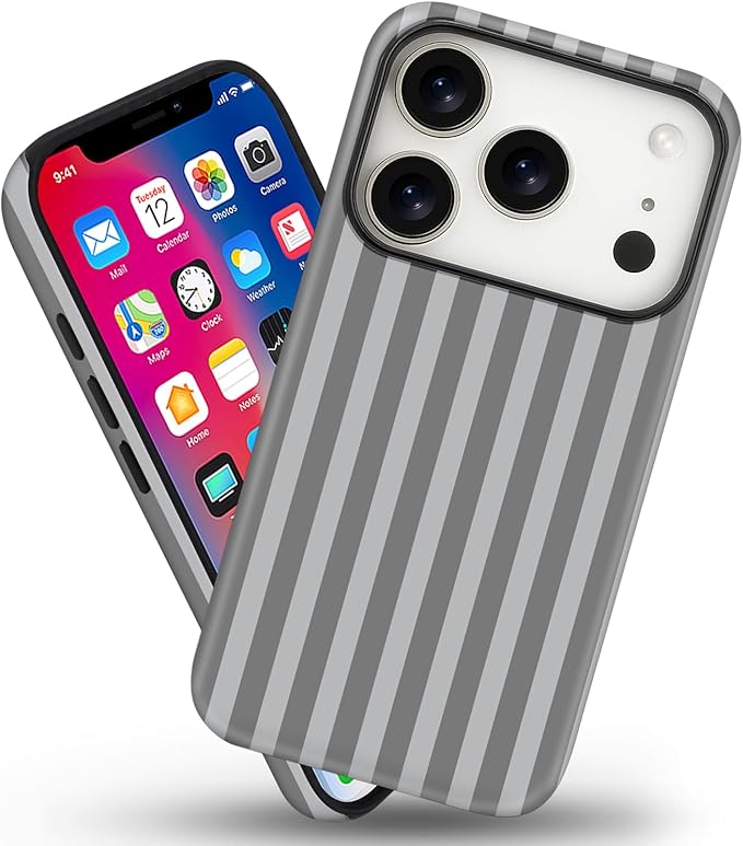 Magnetic for iPhone 17 Pro Case Cute Stripes Phone Case, Shockproof Slim TPU and Hard PC Protective Phone Cover Compatible with MagSafe Designed for Women Girls, Gray