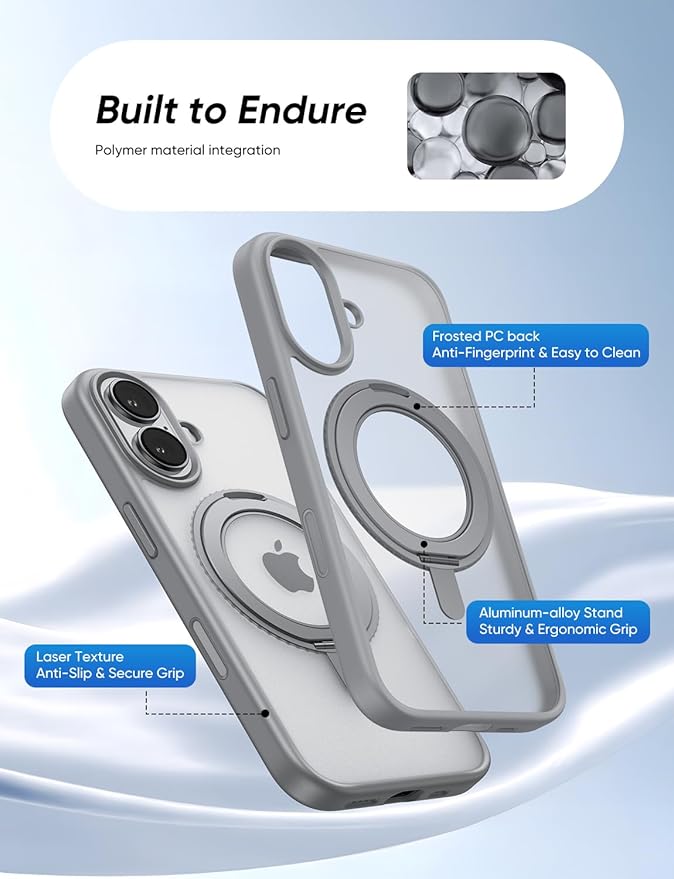 MAGIC JOHN 360° Rotatable Magnetic Invisible Stand for iPhone 16 Case [Camera Control Button] [Compatible with MagSafe] 16FT Shockof for iPhone 16 Case with Kickstand, Gray