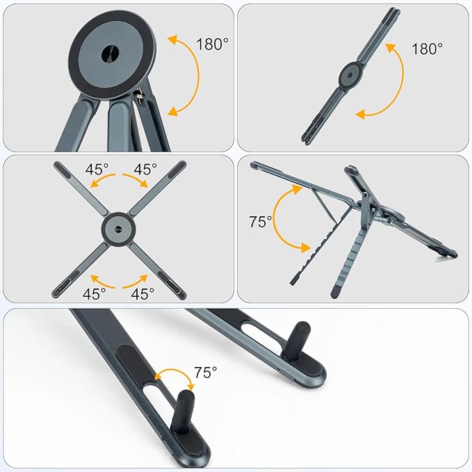 koolehaoda Portable Laptop Stand for Desk & Travel, CNC Aluminum Foldable Computer Riser Magnetic Grip Multi-Angle Support Stand for MagSafe,MacBook,iPhone,iPad, 4–16" Phones,Tablets and Laptops