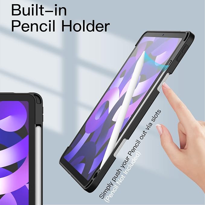JETech Case ONLY for iPad Air 11-Inch M4/M3/M2 (2026/2025/2024), iPad Air 5/4 (2022/2020 5th/4th) with Pencil Holder, Clear Transparent Back Slim Stand Shockproof Tablet Cover (Black)
