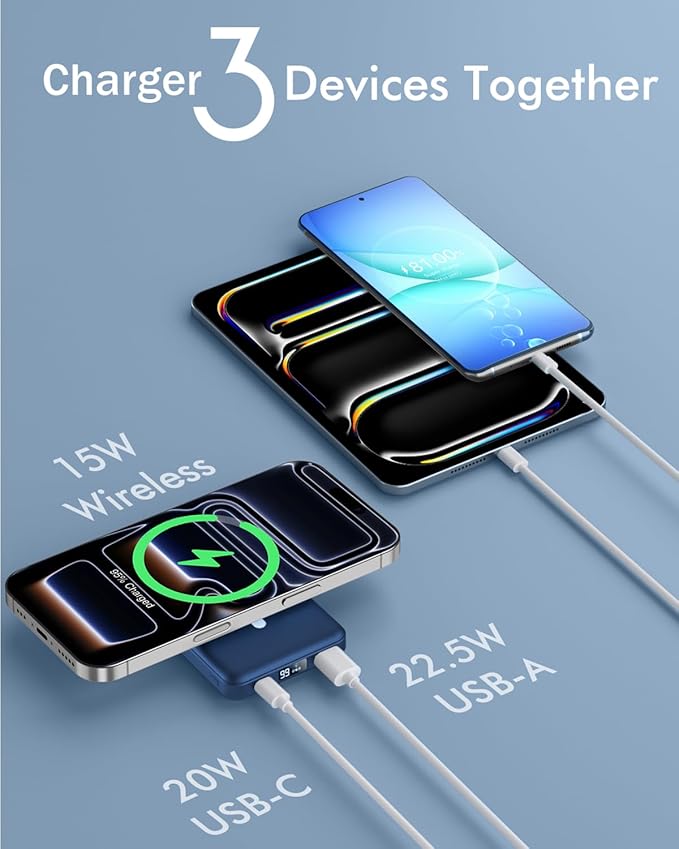 podoru for Magsafe Battery Pack, Foldable 10000mAh Magnetic Power Bank with USB-C Cable LED Display 22.5W PD Fast Charging Wireless Portable Charger for iPhone 17/16/15/14/13/12 Series-Navy Blue