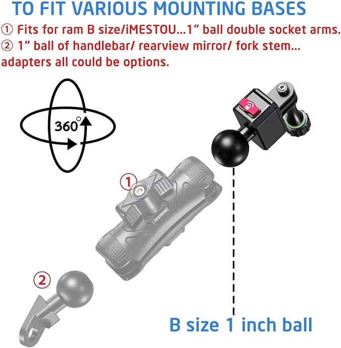 iMESTOU Action Camera Riding Mount with Three-Claw Joint for Gopro Motion Cameras, 1“ Ball Head 360° Adjustable Fits for RAM 1" Ball Bike Phone Mounts