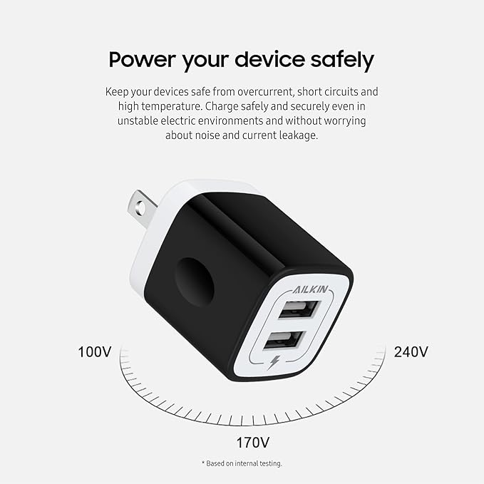 USB Wall Charger, Charger Block, AILKIN 2.1A Multiport Fast Charge Power Brick Cube for iPad, iPhone, Samsung Galaxy, Google Pixel, Motorola, Huawei, HTC, LG-2 Pcs, USB Box Charging Plug AC Adapter
