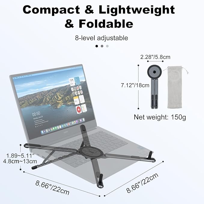koolehaoda Portable Laptop Stand for Desk & Travel, CNC Aluminum Foldable Computer Riser Magnetic Grip Multi-Angle Support Stand for MagSafe,MacBook,iPhone,iPad, 4–16" Phones,Tablets and Laptops