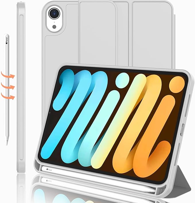 iMieet iPad mini 7 Case 2024 (A17 Pro), iPad mini 6 Case (8.3-Inch,2021 Model), iPad mini 7th/6th Generation Case with Pencil Holder, Trifold Stand Smart Case with Soft TPU Back,Light Gray