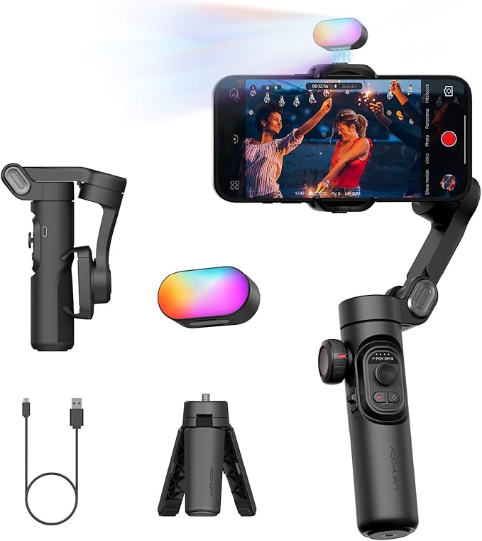 AOCHUAN 3-Axis Gimbal Stabilizer for iPhone Gimbal with RGB Magnetic Fill Light Upgraded Face Tracking Focus Wheel Foldable Smartphone for iPhone/Android Phone Stabilizer Vlog Recording Smart XE Kit