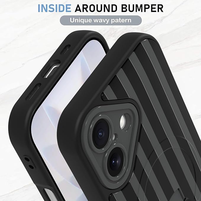 KANGHAR Compatible with iPhone 17 Case, Support for MagSafe, Silicone Stripes Cute Pattern, Wristband Kickstand Camera Protection Soft Slim Cover for Girls Women -Black