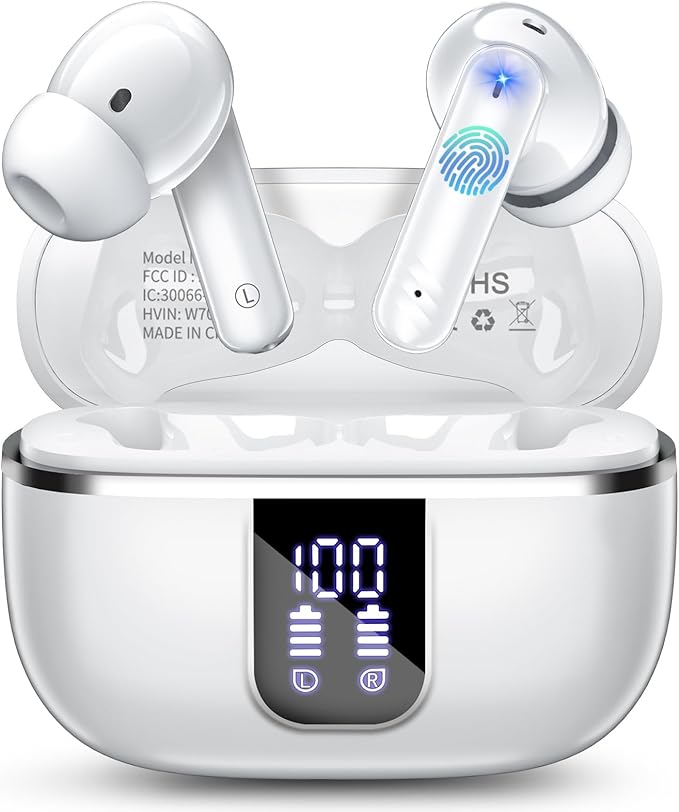 Wireless Earbuds, Bluetooth 5.4 Headphones with 4 Noise Cancelling Mic, 46H In-Ear Buds with 3D Bass Stereo Sound, Small Ears, LED Display, Calls Sports Workout, IPX7 Earphones for Android iOS, White