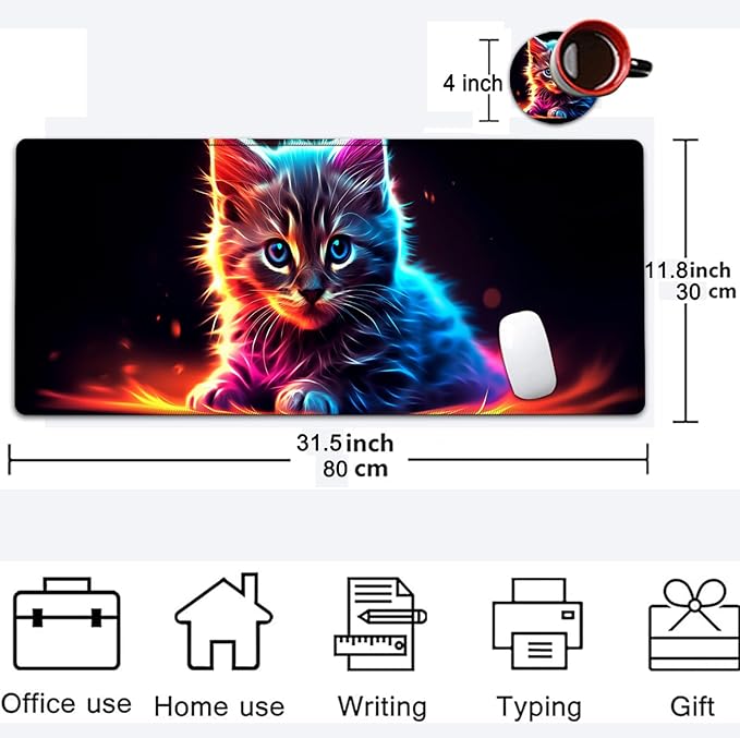 Large Mouse Pad, 31.5 x 11.8in Extended Gaming Mouse Pad with Stitched Edges, XXL Mousepad Protector Non Slip Rubber Base for Office and Home Writing Mat, Cat Cute Animal Pattern Black Desk Mat