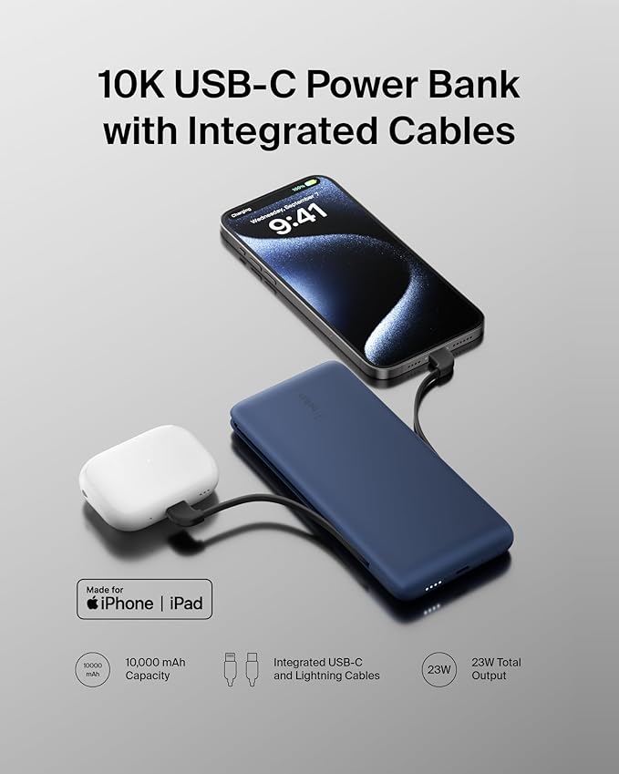 Belkin Portable Charger Power Bank for iPhone/Android (10,000mAh), 23W Battery Pack with Integrated USB-C, Lightning Cables, Pass-Through Capability, Charge 2 Devices at Once, Phone Charger Power Bank