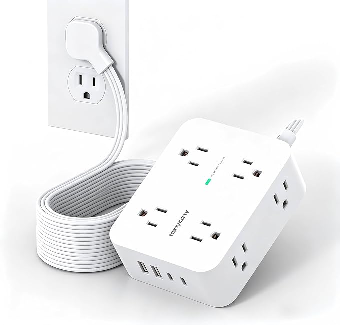 HANYCONY 25 Ft Extra Long Extension Cord with Ultra-Thin Flat Plug, 8 Widely Spaced Outlets & 4 USB Ports (2 USB C), 1080J Surge Protector Power Strip for Home, Office, Workshop, Wall Mount Design