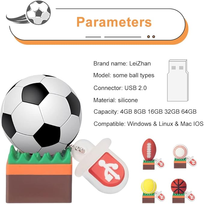 5 x 8GB Cute Balls USB Flash Drive, Tennis/Baseball/Soccer/Basketball/Rugby Shape Thumb Drive Memory Stick Drive Pendrive Gift for Kids, Teacher, Friends