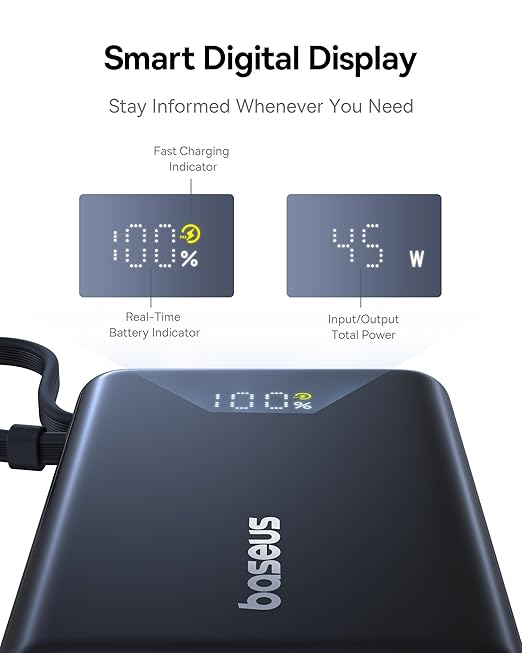 Baseus Power Bank, Picogo 10000mAh 45W 3-Output Portable Charger with Built-in USB-C Cable, PPS/PD QC Fast Charging External Battery Pack for iPhone 17/16/15/14/13, Samsung S25/S24, MacBook Pro, iPad